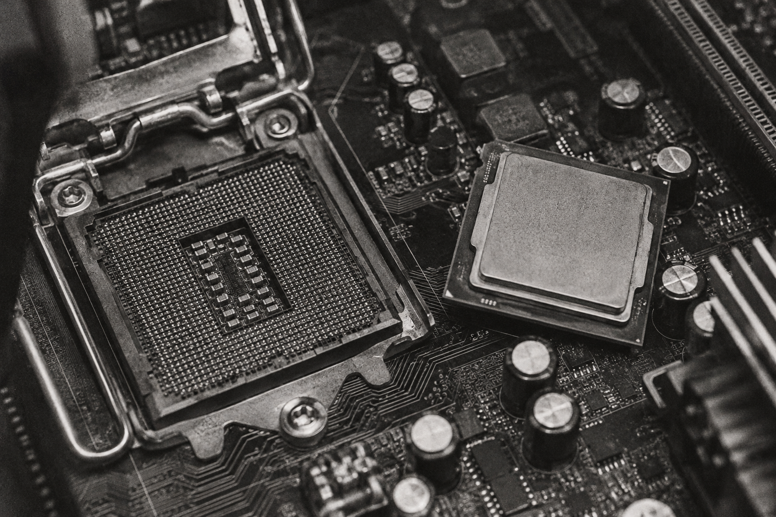A CPU on a motherboard, black-and-white photo illustration