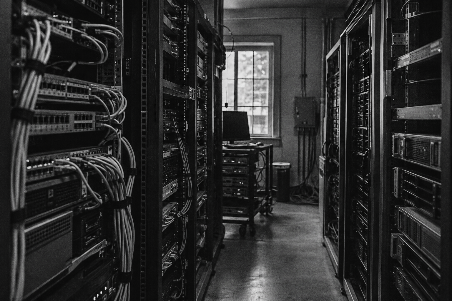 Rows of server racks, black-and-white photo illustration